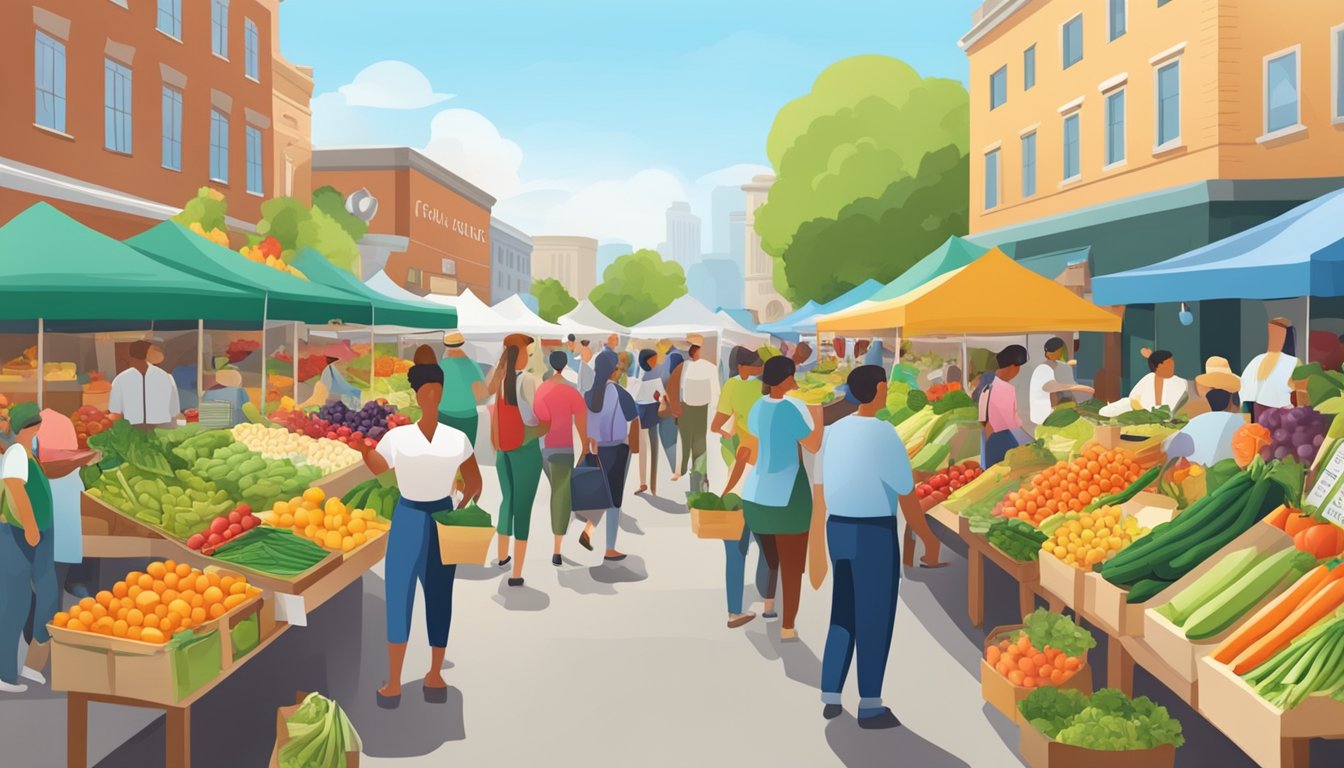 A bustling farmers' market with colorful fruits, vegetables, and local vendors promoting health and nutrition