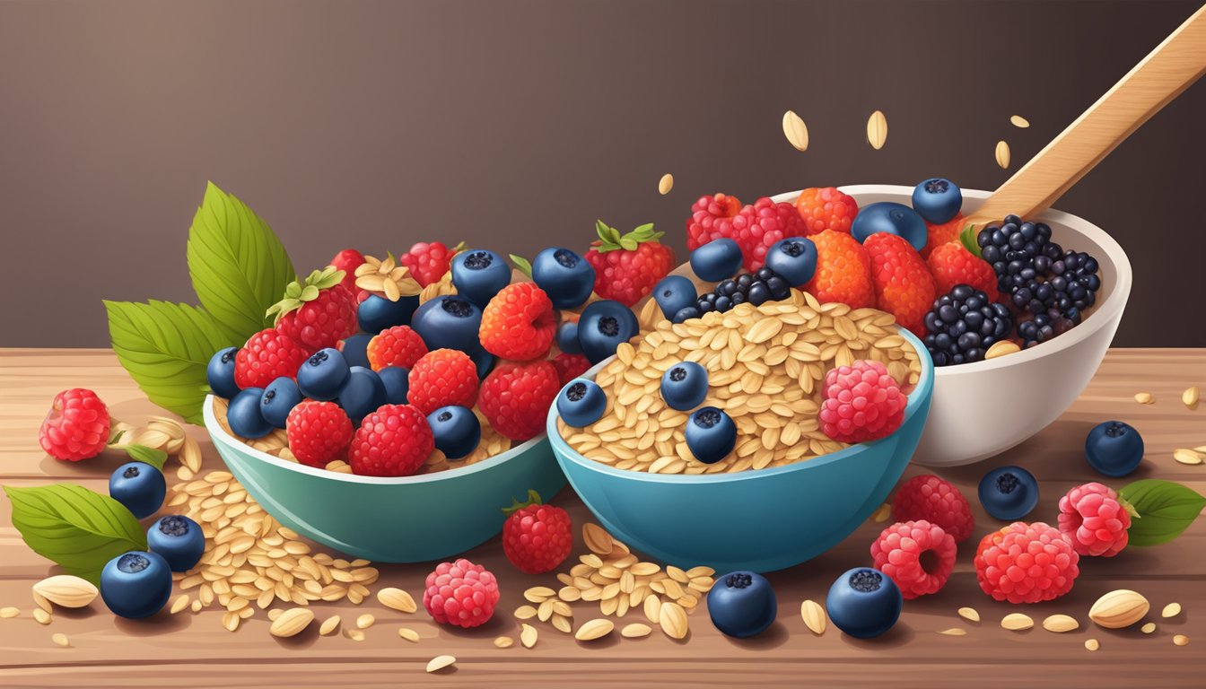 A colorful array of fresh berries, oats, and nuts scattered on a wooden table, with a measuring cup and spoon nearby