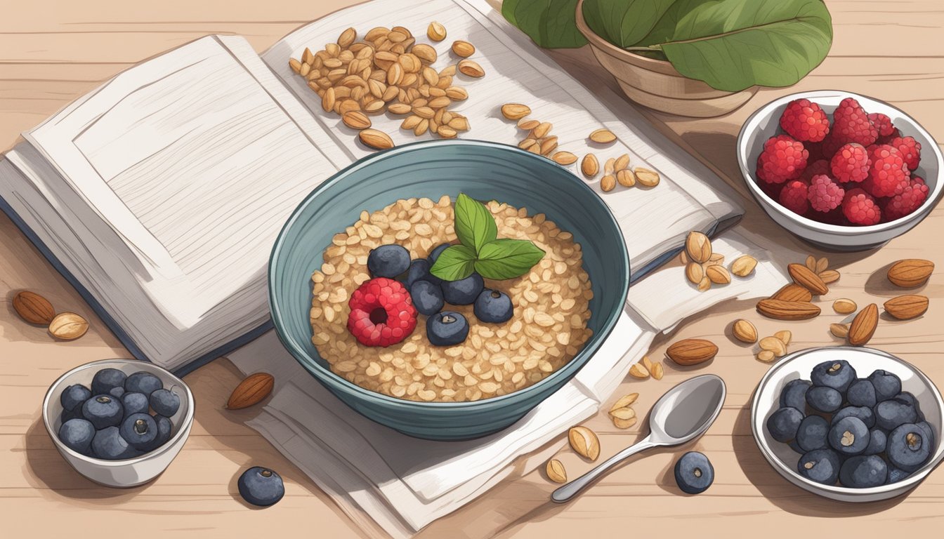 A rustic kitchen counter with a bowl of fresh berries, oats, and nuts, next to a recipe book open to a vegan dessert page