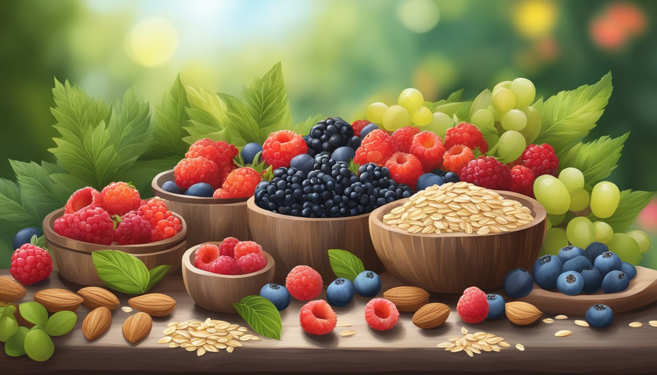 A rustic wooden table with a colorful array of fresh berries, oats, and nuts, surrounded by leafy green plants and a hint of sunlight streaming in