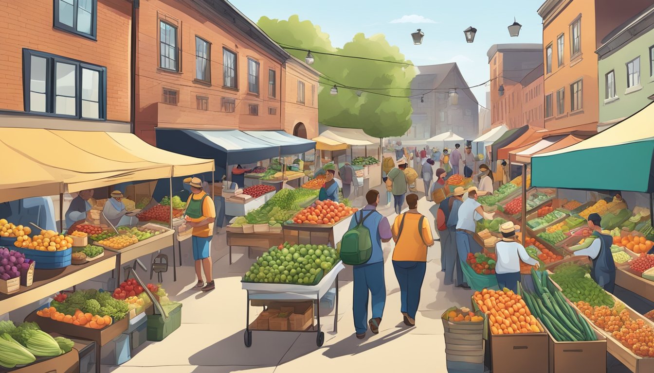 A bustling farmers' market with colorful produce, artisanal goods, and a variety of local food vendors