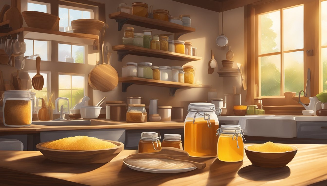 A rustic Texas kitchen with jars of honey, maple syrup, and stevia, surrounded by baking ingredients and utensils. Sunlight streams through the window, casting a warm glow over the scene