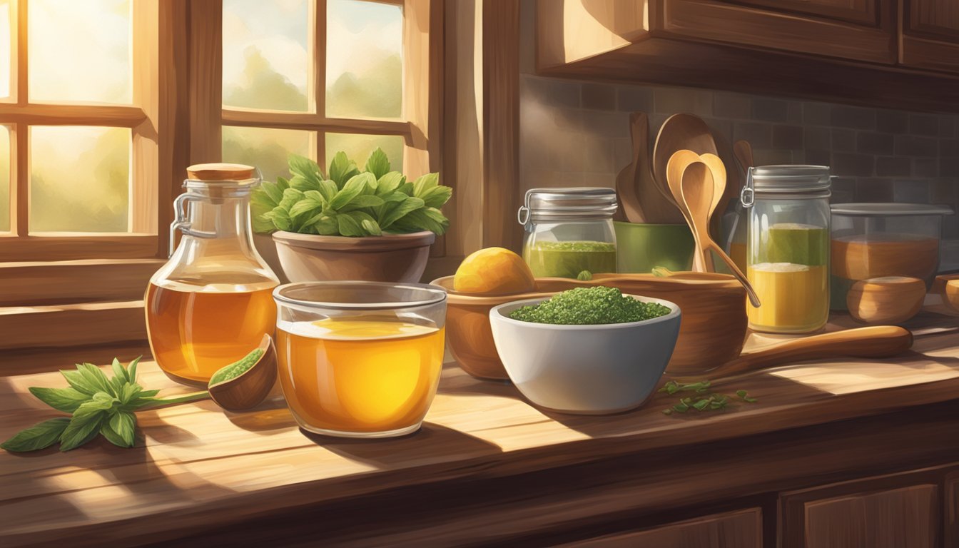 A rustic Texas kitchen with ingredients like honey, agave, and stevia laid out on a wooden table next to a mixing bowl and measuring spoons. Sunlight streams through a window, casting a warm glow over the scene