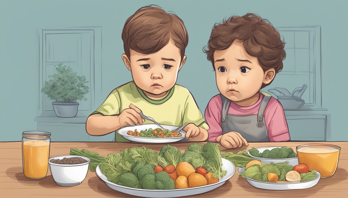 A young child cautiously examines a plate of undercooked or raw foods with a concerned expression