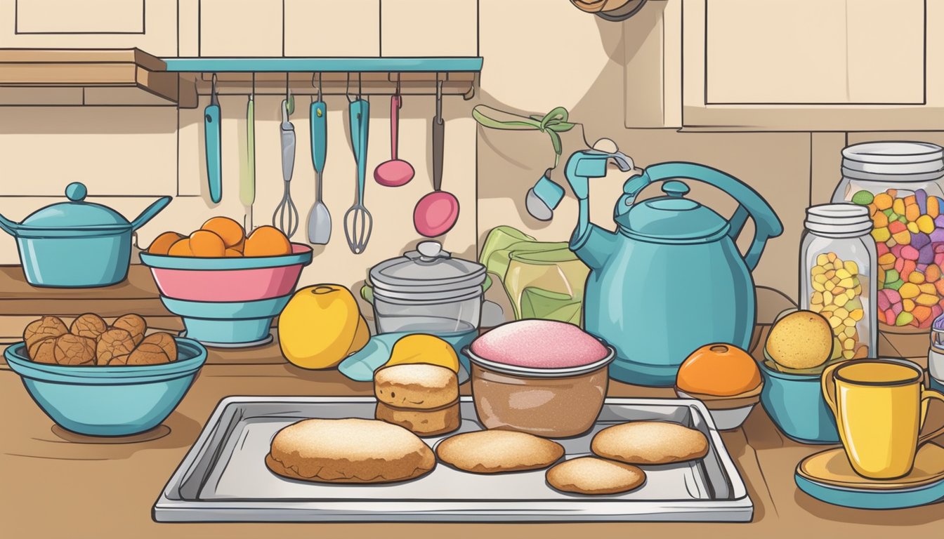 A cozy Texas kitchen filled with colorful ingredients and baking tools, with a focus on sugar-free sweet treats and a chart of the glycemic index