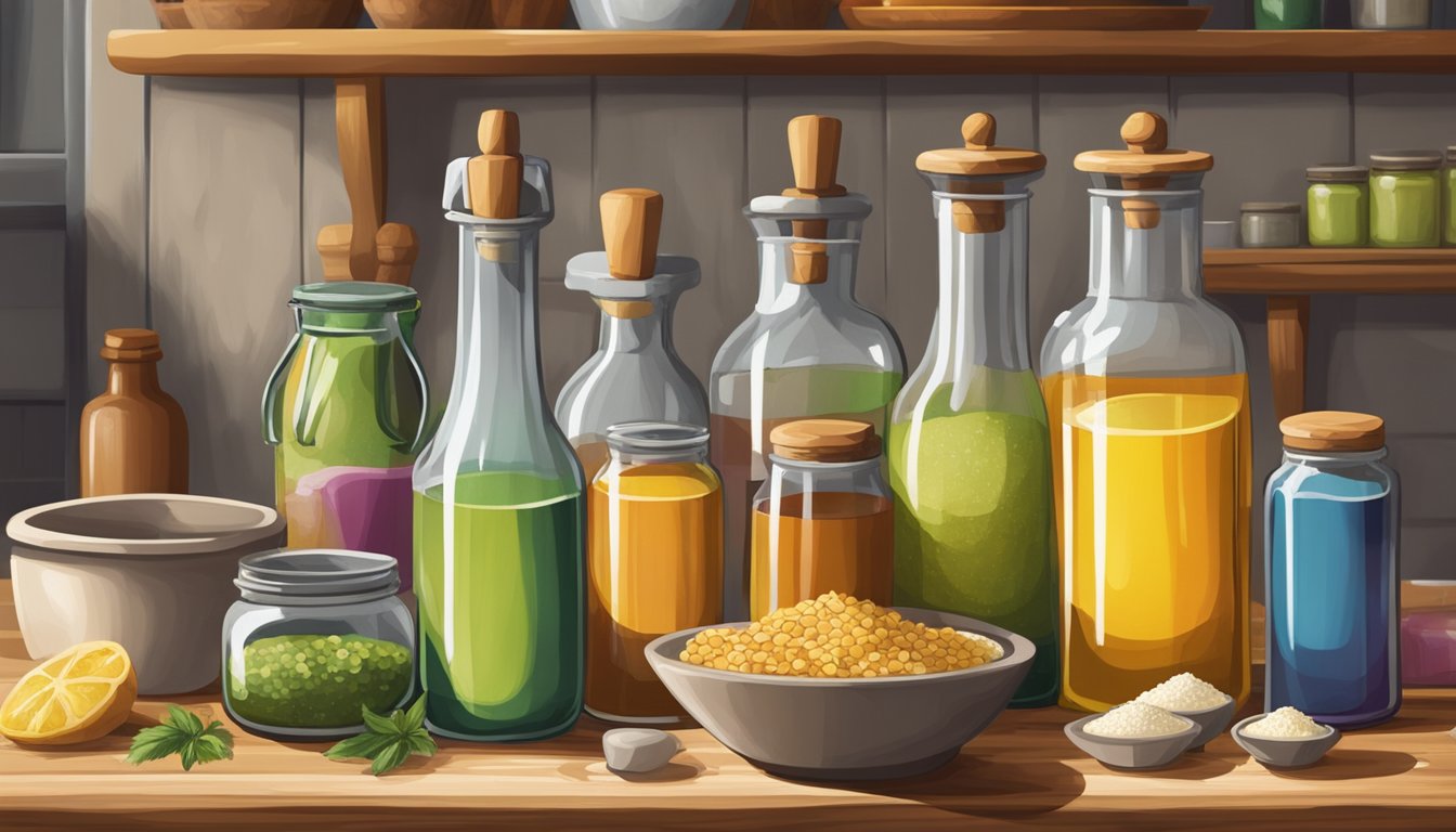 A rustic Texas kitchen filled with colorful bottles of oils, a mixing bowl, and a variety of baking ingredients spread out on a wooden countertop