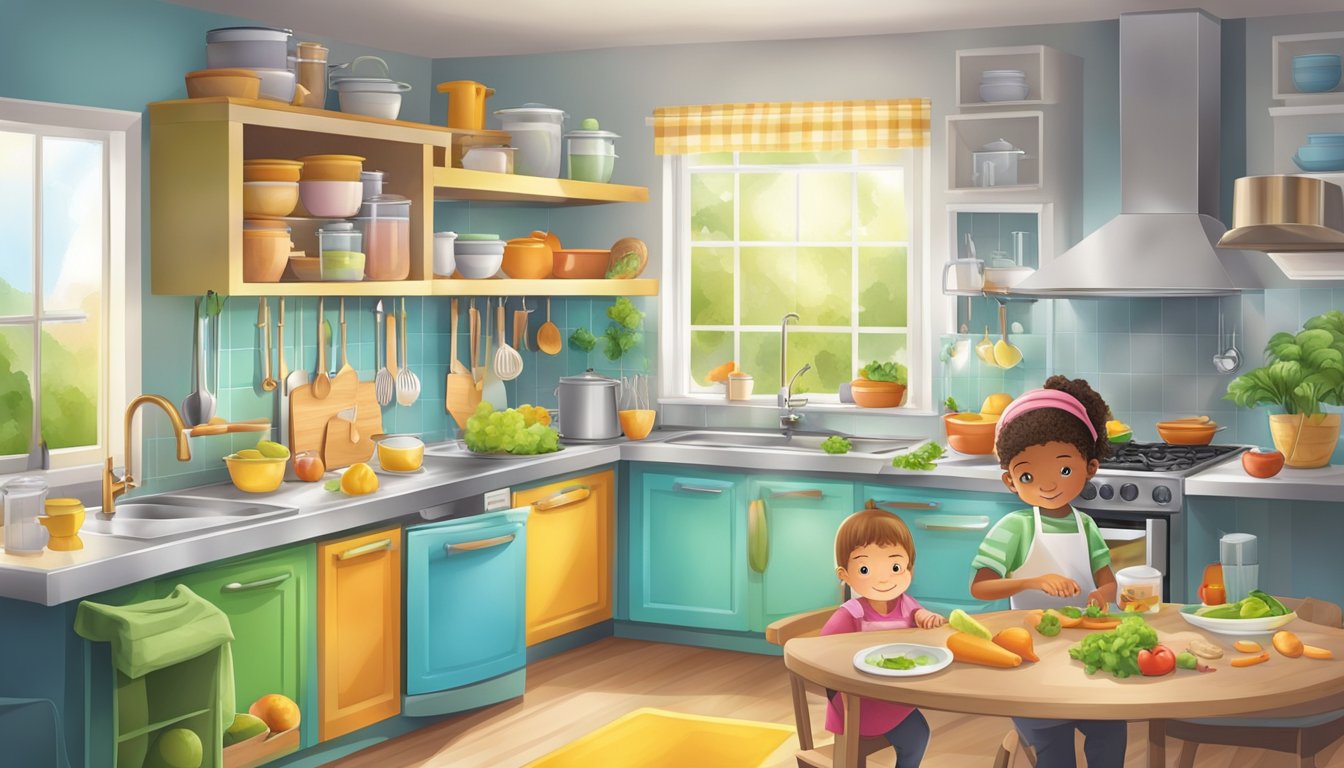 A colorful illustration of a child-friendly kitchen with a focus on safe food preparation, including proper cooking techniques and food handling practices