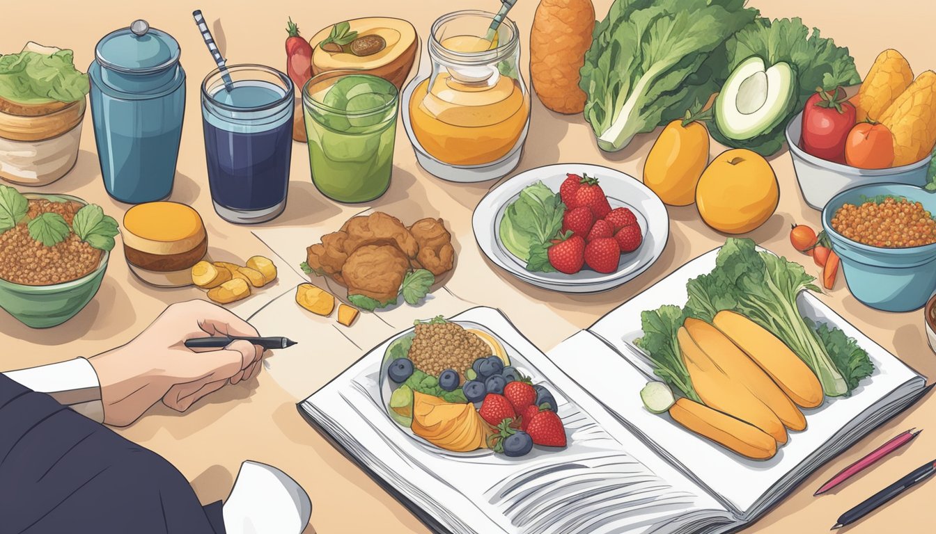 A person writing in a food journal with a variety of healthy and indulgent foods displayed around them