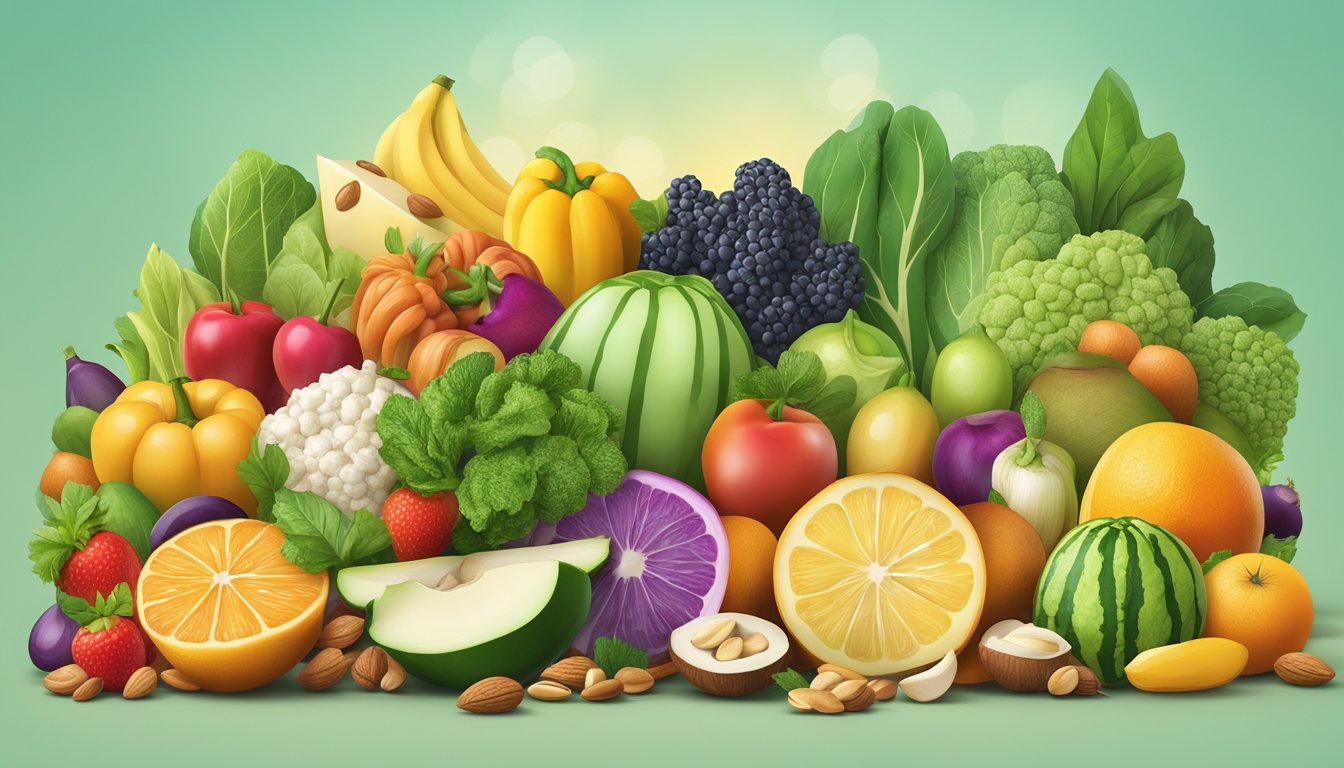 Fresh fruits and vegetables arranged in a colorful display, surrounded by alkaline-promoting foods like nuts, seeds, and tofu