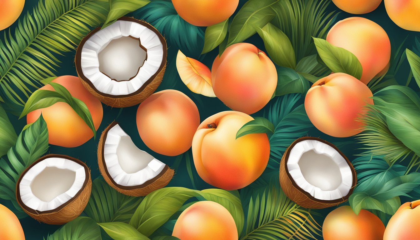 A ripe peach and a coconut, surrounded by vibrant summer foliage