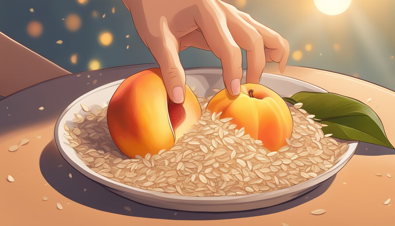 A hand reaching for a ripe peach, surrounded by shredded coconut and oats, with a warm, golden glow in the background