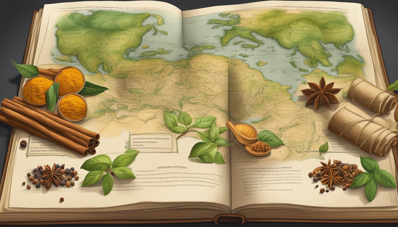 A collection of historical documents and medical research papers on cinnamon's anti-diabetic properties, surrounded by ancient spice trade routes and botanical illustrations