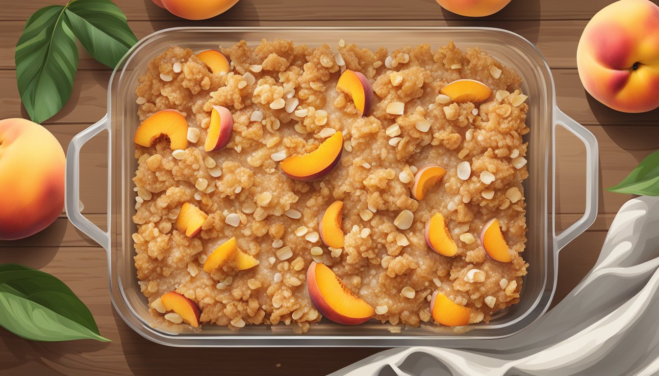 A glass baking dish filled with peach coconut crisp, surrounded by fresh peaches and coconuts on a wooden table