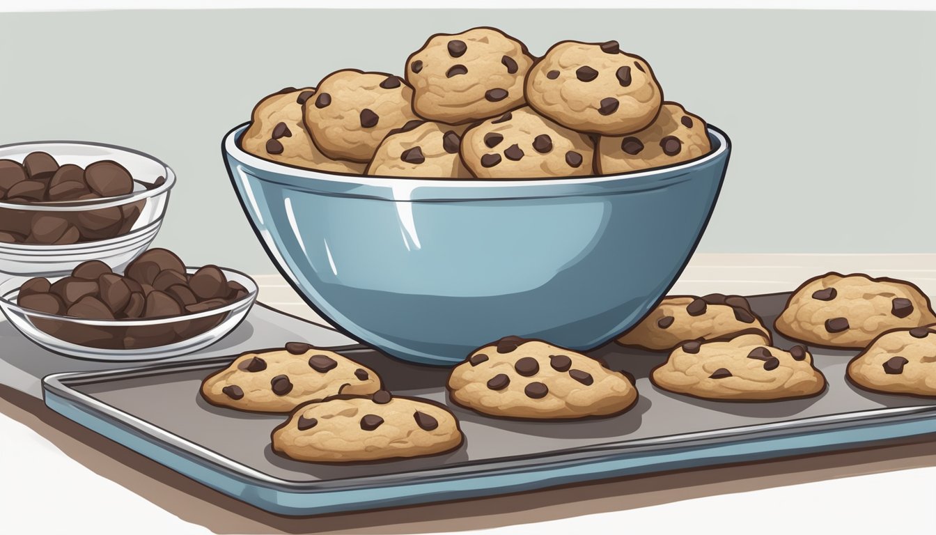 A mixing bowl filled with flour, sugar, and chocolate chips sits next to a tray of freshly baked soft and chewy chocolate chip cookies