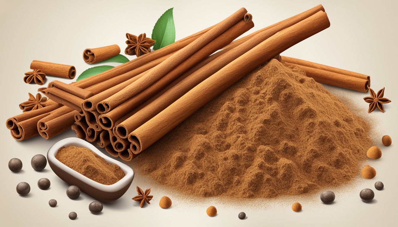 A pile of cinnamon sticks surrounded by various chemical compounds and molecular structures, emphasizing its anti-diabetic properties