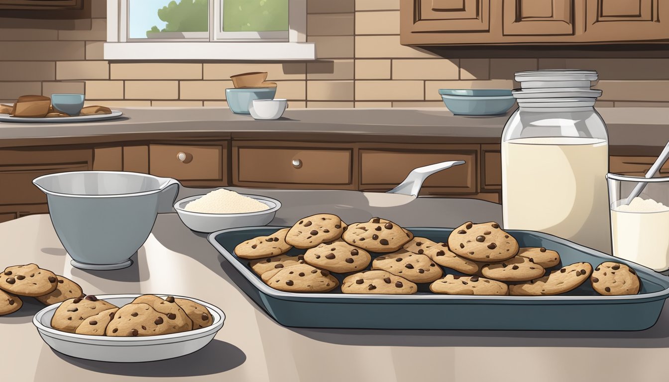 A kitchen counter with a mixing bowl, measuring cups, and a tray of freshly baked chocolate chip cookies. Ingredients like flour, sugar, and chocolate chips are scattered around