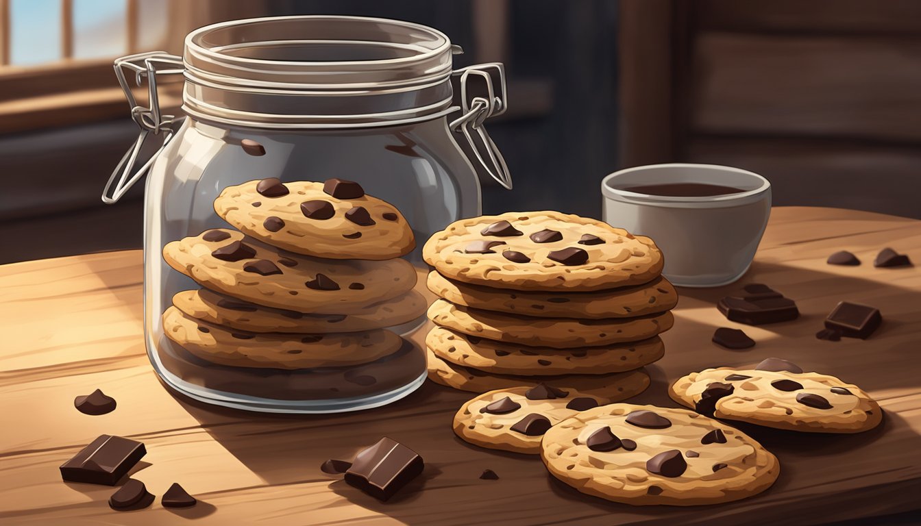 A glass jar filled with soft, chewy chocolate chip cookies sits on a rustic wooden table, surrounded by a scattering of whole and broken cookies. A soft, warm light illuminates the scene from above