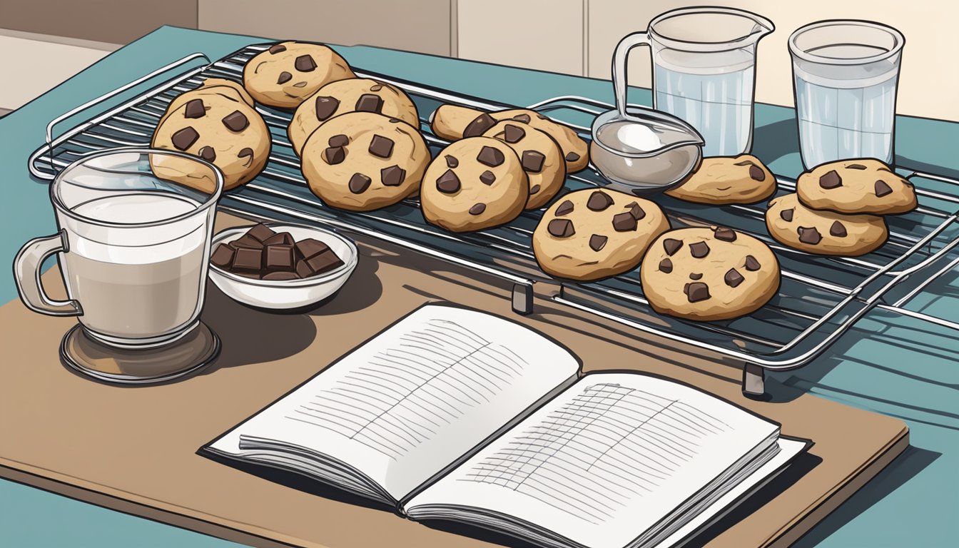 A batch of soft, chewy chocolate chip cookies cooling on a wire rack, with a mixing bowl, measuring cups, and a recipe book nearby