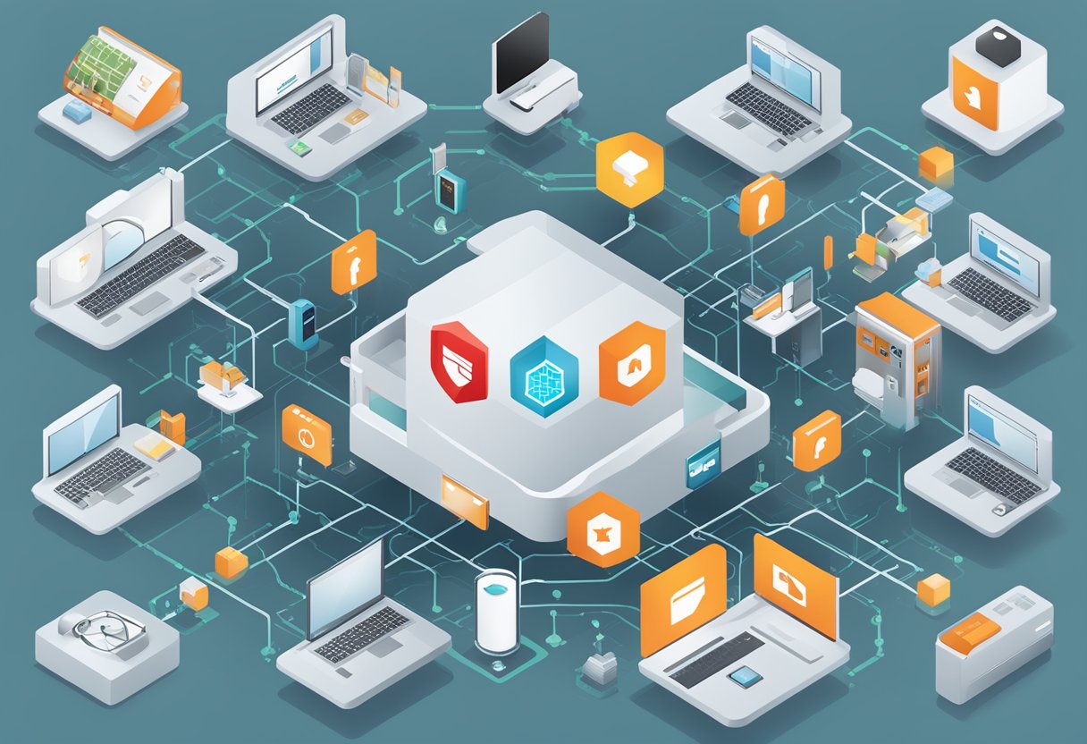 A FortiGate device surrounded by various network security icons and symbols, with the Fortinet and Fabric Security logos prominently displayed