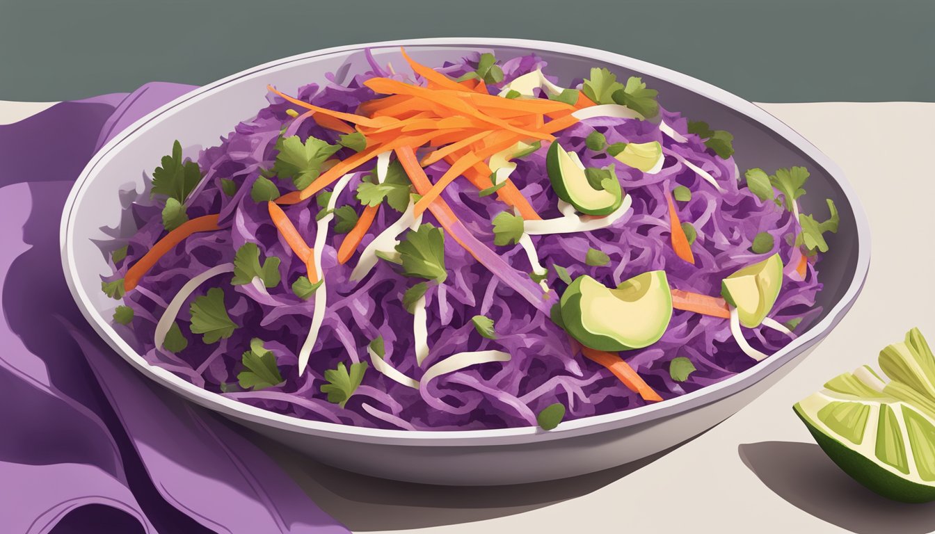 A vibrant bowl of purple cabbage and carrot slaw topped with creamy avocado lime dressing