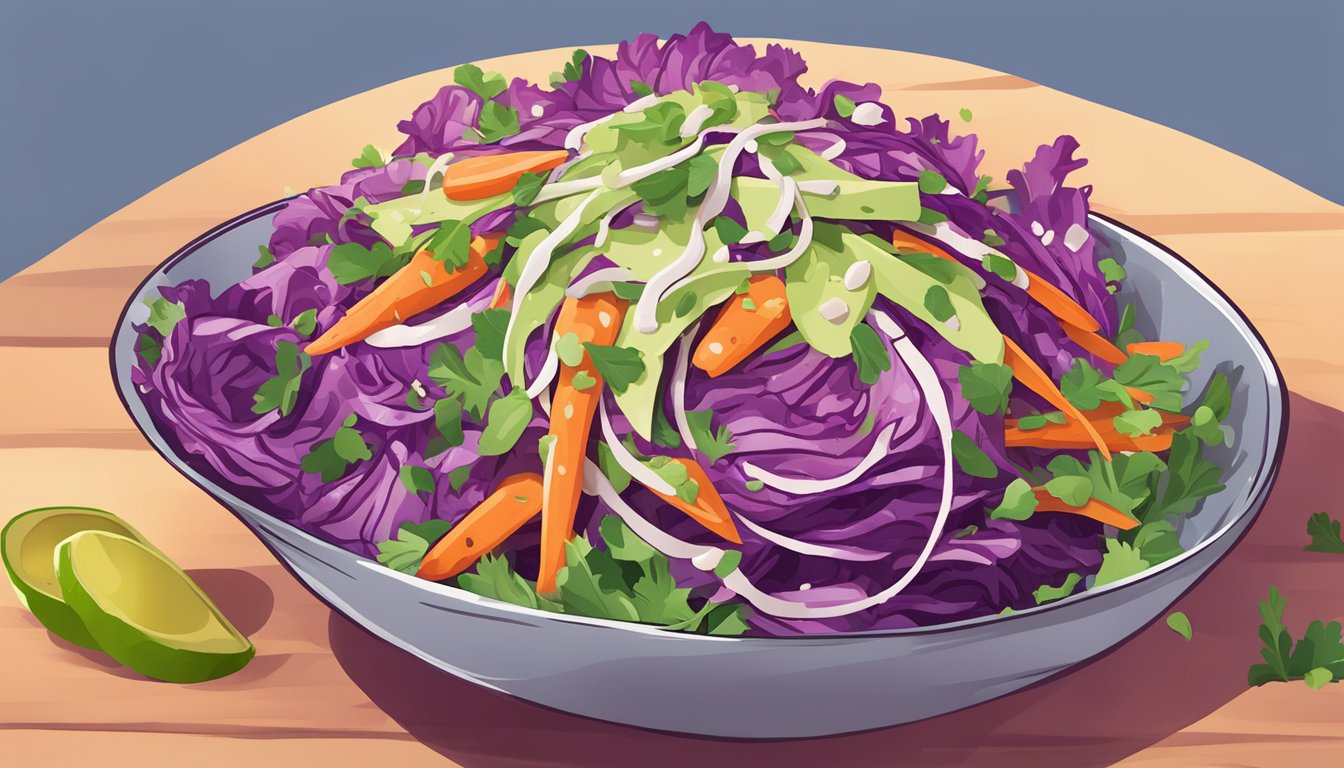 A vibrant purple cabbage and carrot slaw being drizzled with creamy avocado lime dressing