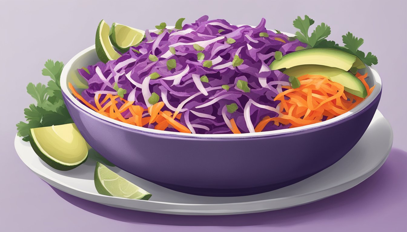 A bowl of vibrant purple cabbage and carrot slaw topped with creamy avocado lime dressing