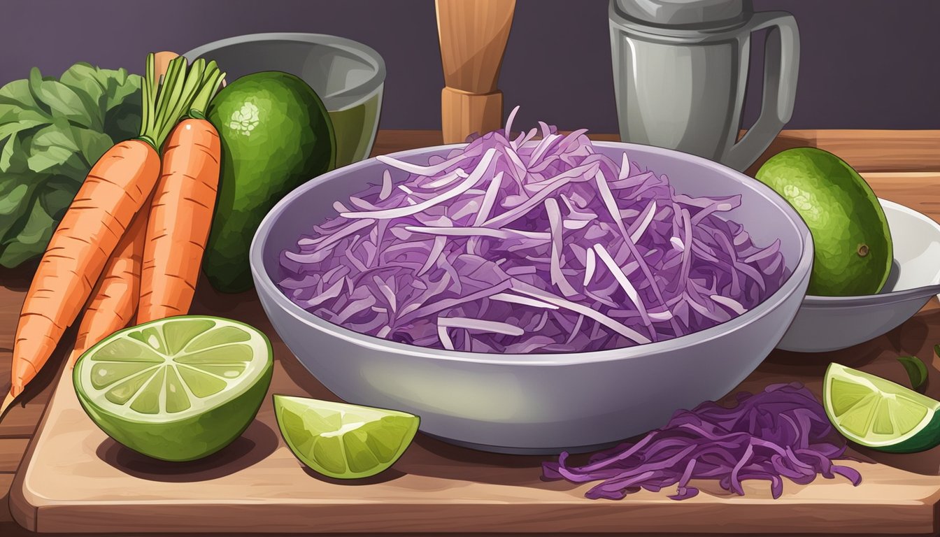 A bowl of purple cabbage and carrot slaw sits on a wooden cutting board next to a ripe avocado and lime, with various kitchen utensils scattered around