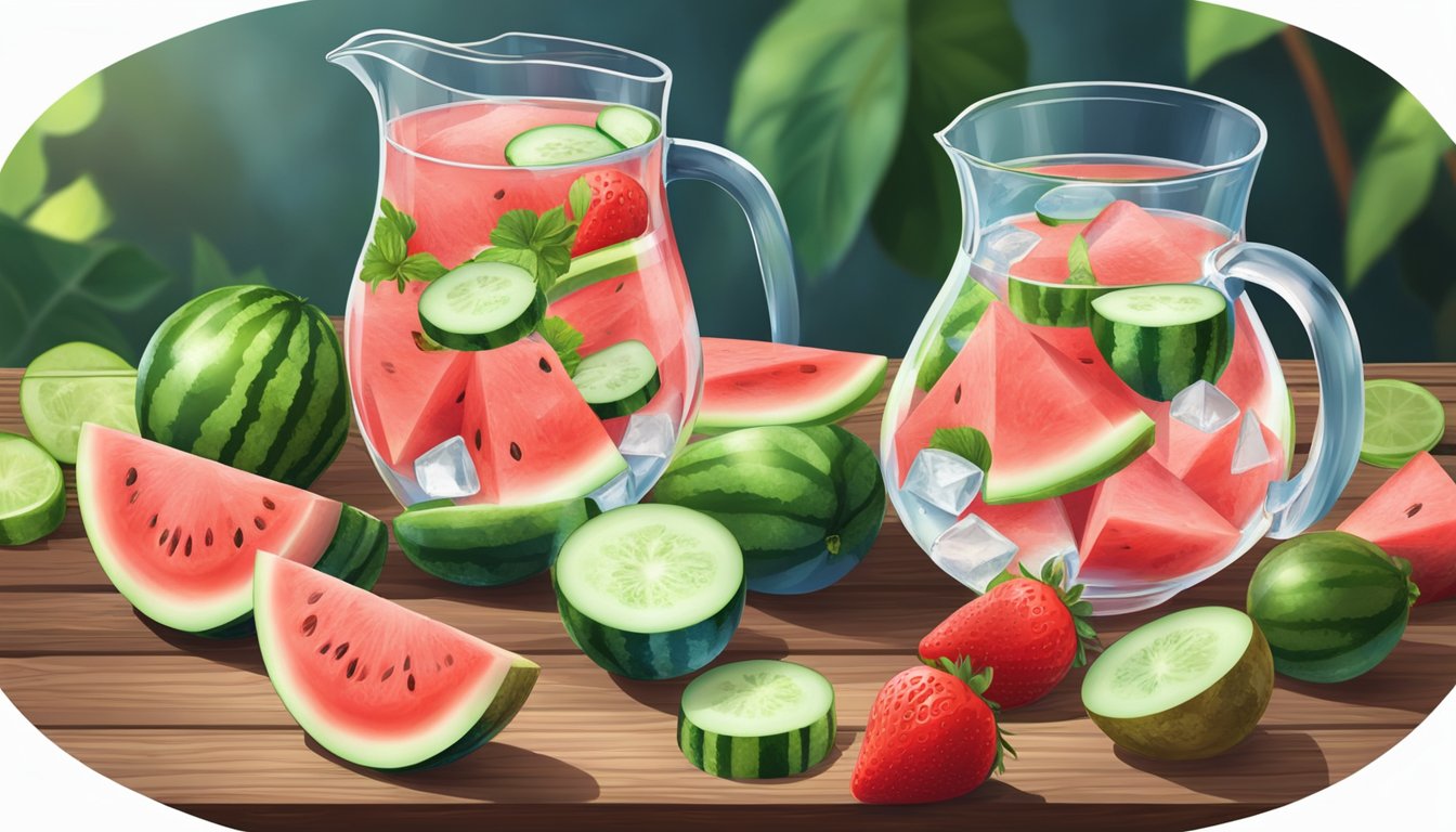 A pitcher of ice-cold water surrounded by slices of juicy watermelon, crisp cucumber, and vibrant strawberries on a wooden table in the shade