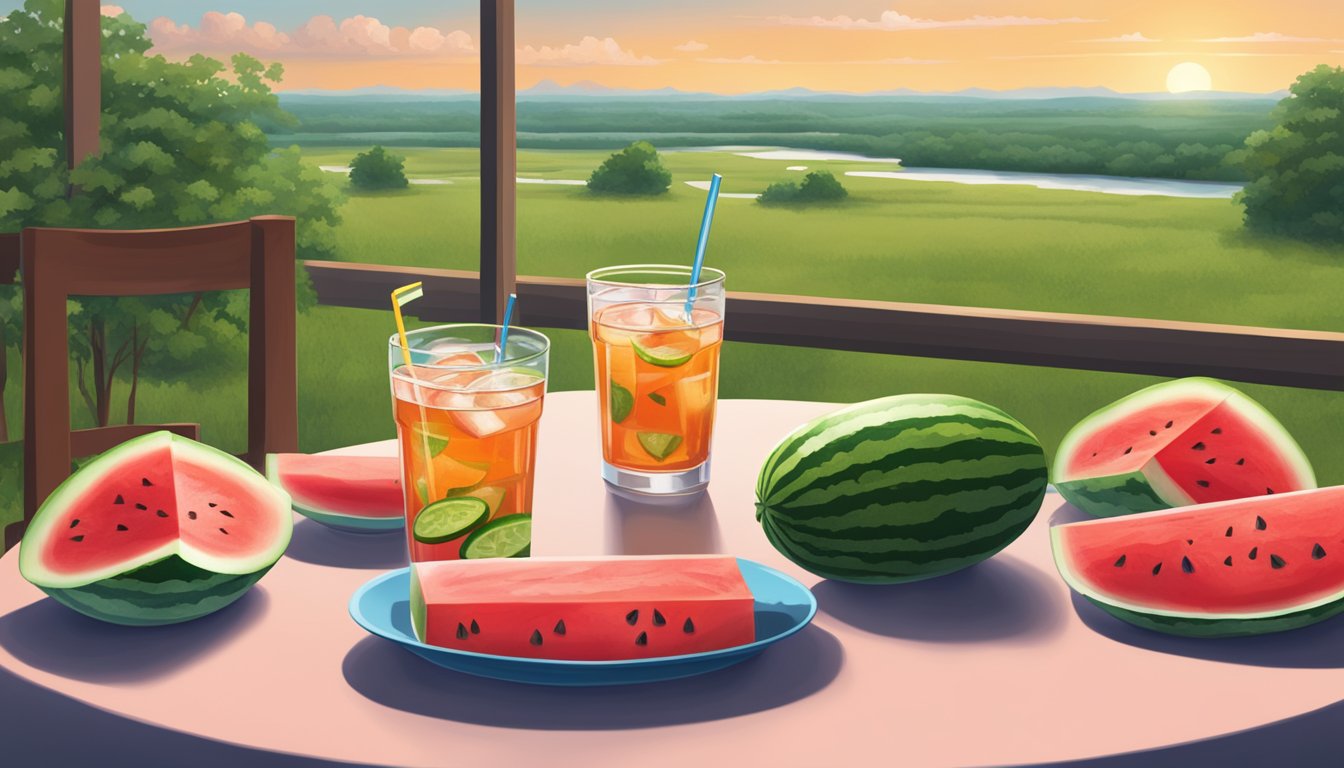 A table filled with juicy watermelon, crisp cucumbers, and cold glasses of iced tea, all surrounded by the iconic Texas landscape