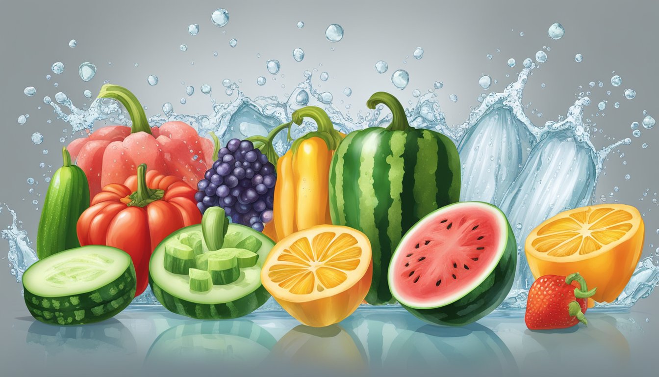 A colorful array of hydrating Texas fruits and vegetables, including watermelon, cucumber, and bell peppers, glistening with droplets of water