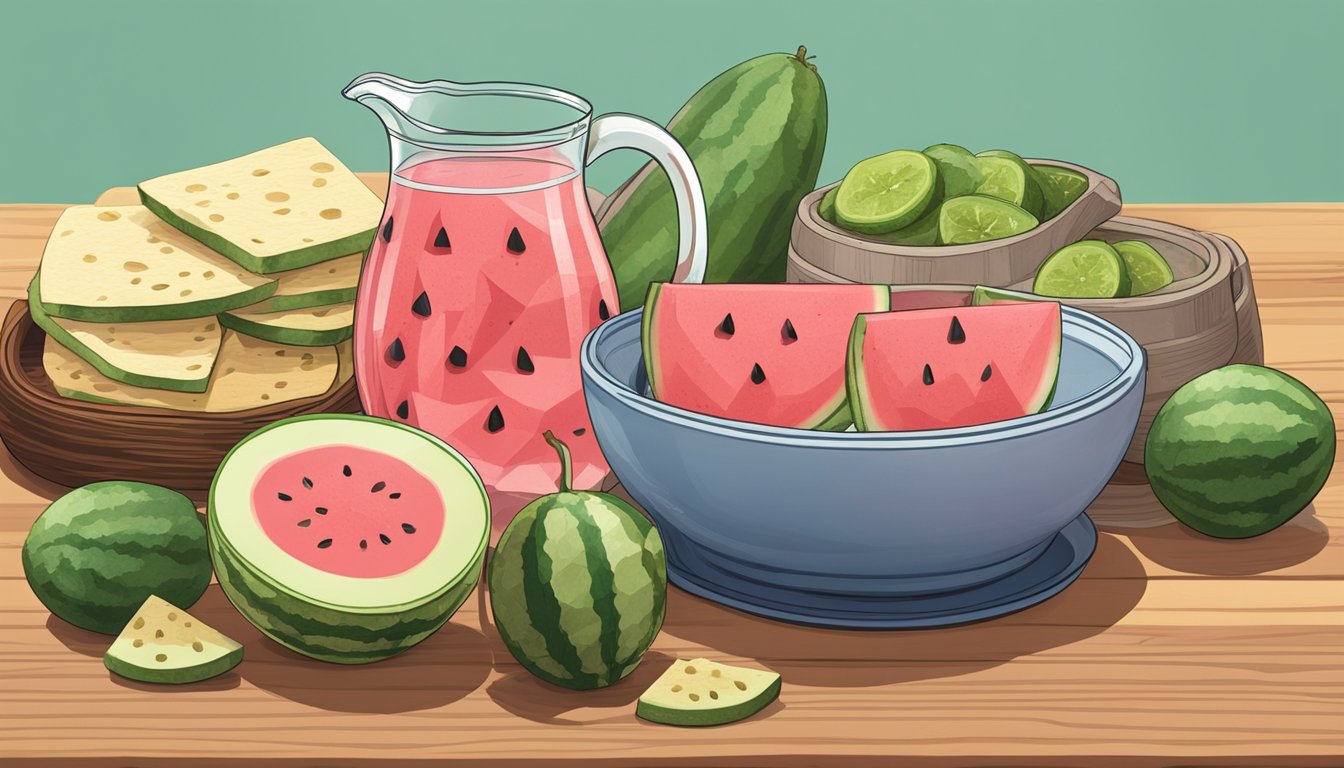 A vibrant assortment of watermelon, cucumber, and prickly pear slices arranged on a wooden cutting board, with a pitcher of infused water and a stack of tortillas nearby