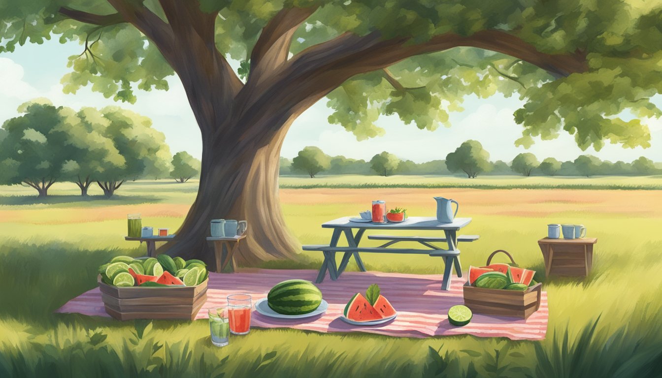 A picnic spread of juicy watermelon, crisp cucumber, and refreshing iced tea under the shade of a lone oak tree in the Texas countryside