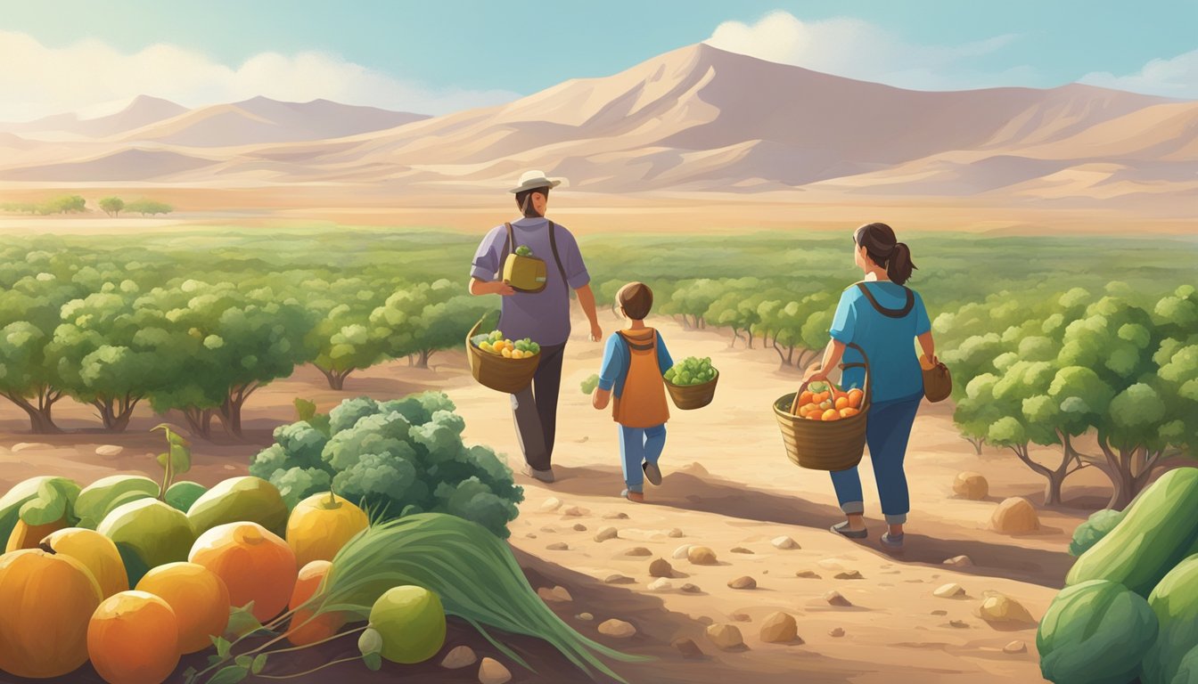 A family foraging for fruits and vegetables in a barren landscape, searching for nutritious food amidst scarce resources