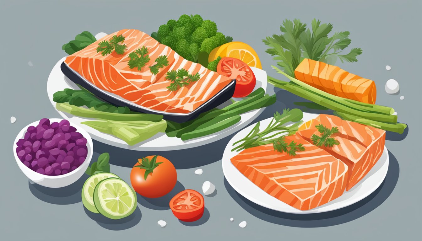 A plate of grilled salmon surrounded by vibrant, fresh vegetables on a sleek, modern table