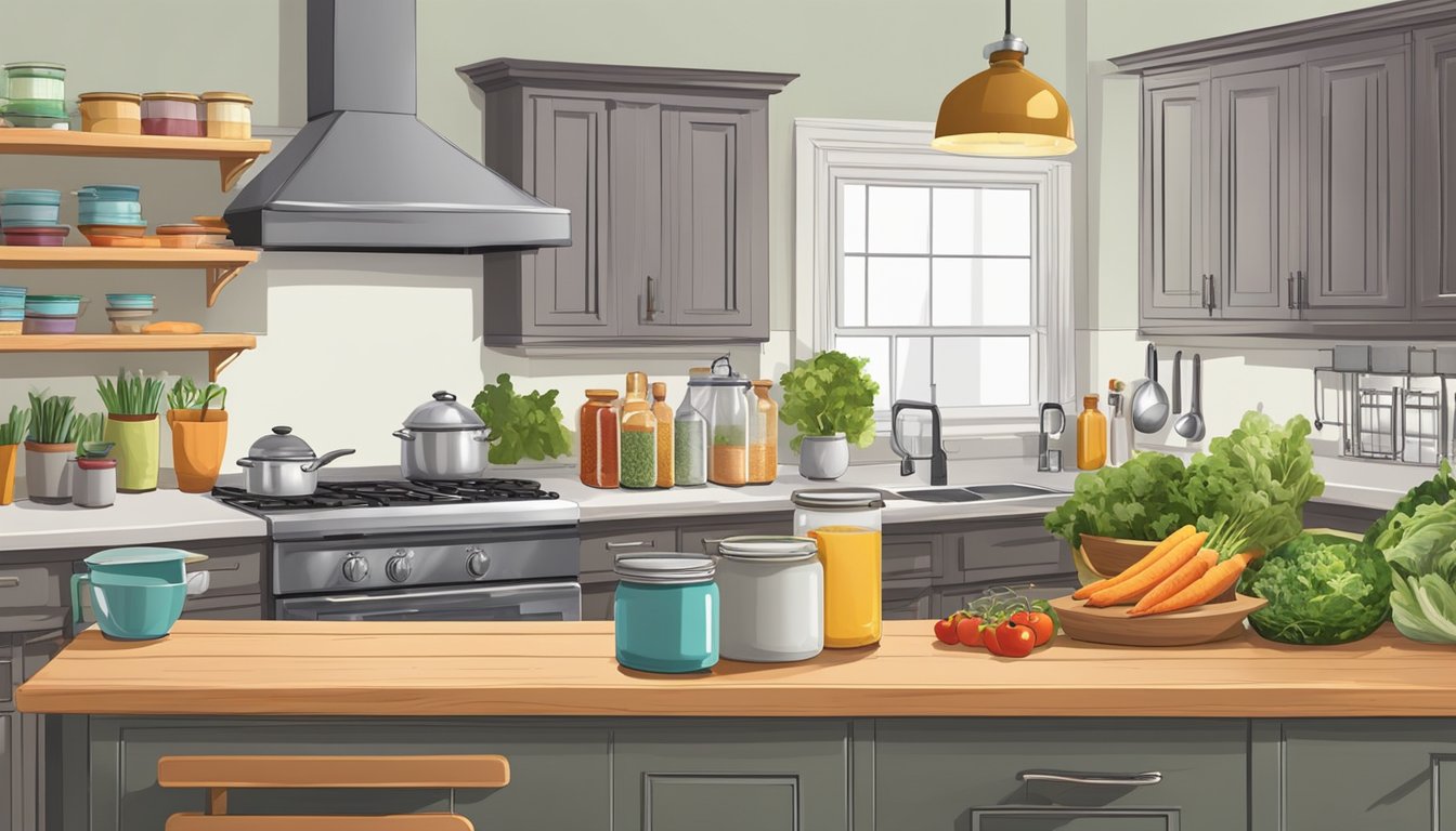 A small kitchen with shelves stocked with canned goods, fresh produce, and grains. A pot of soup simmers on the stove, and a colorful salad is being prepared on the counter