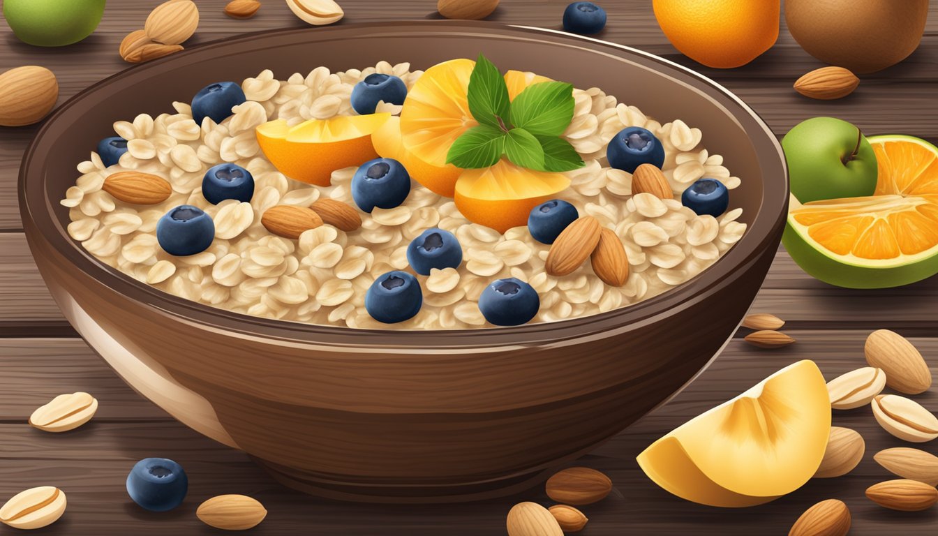 A bowl of oatmeal surrounded by fresh fruits and nuts on a wooden table