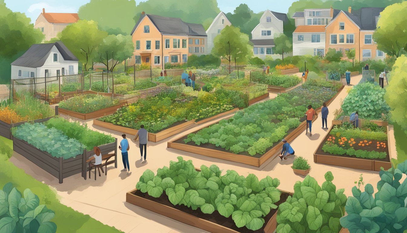 A community garden with diverse crops thriving amidst limited resources, supported by public programs and community volunteers