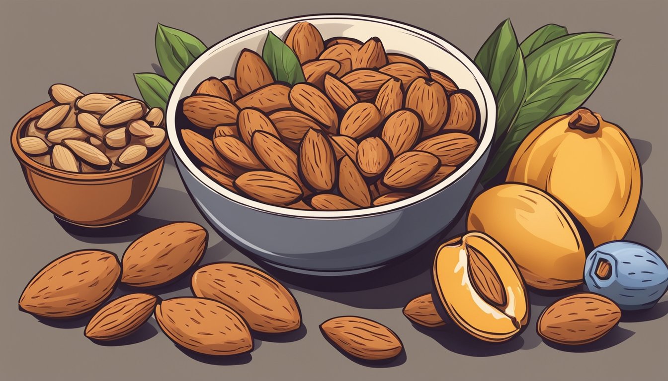 A bowl of almonds surrounded by a variety of nutritious foods, with a focus on the almonds as the top choice for fueling a six pack abs journey