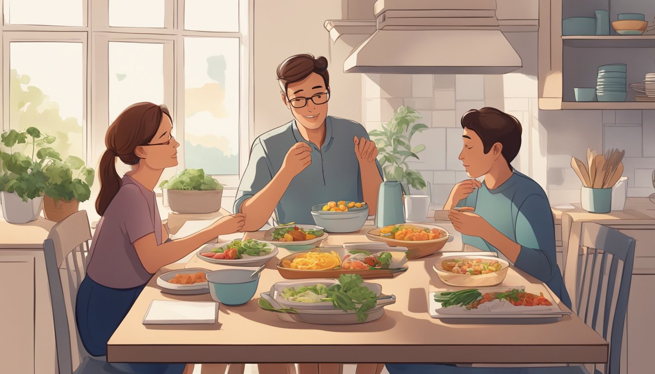 A family sharing a small meal around a table, with empty shelves and a few sparse ingredients in the background