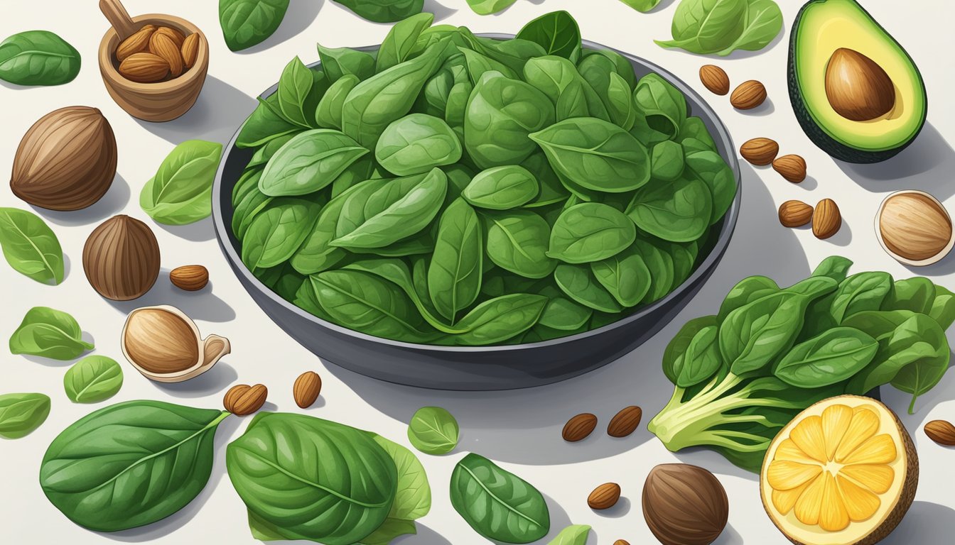 A vibrant pile of fresh spinach leaves surrounded by other nutrient-dense foods, such as avocados, nuts, and lean proteins, on a clean, modern kitchen counter