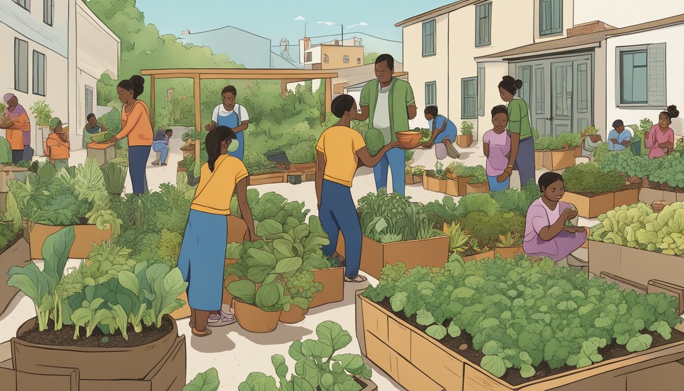 A group of diverse individuals gather around a communal garden, planting and tending to vegetables and herbs. Nearby, a community kitchen prepares simple yet nutritious meals using limited resources