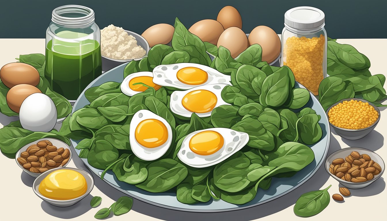 A vibrant pile of spinach leaves surrounded by testosterone-boosting foods like eggs, nuts, and fish, set against a backdrop of a gym or health food store