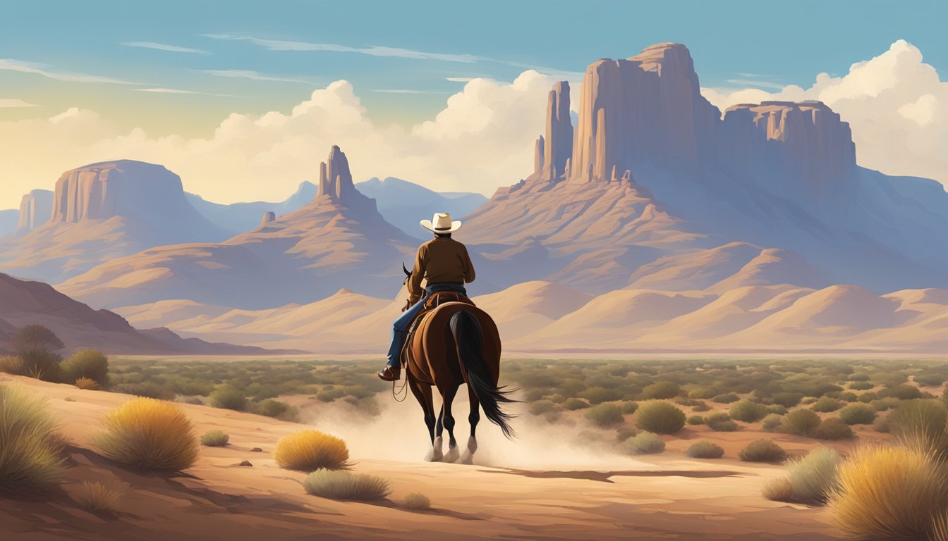 A lone cowboy rides a horse through the vast Texas desert, with a backdrop of towering mountains and a clear blue sky