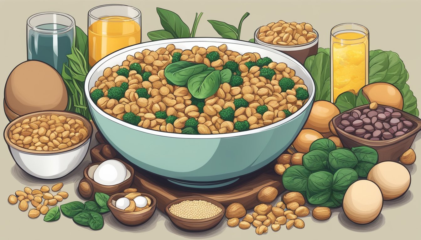 A bowl of fortified cereal surrounded by testosterone-boosting foods like eggs, nuts, and spinach