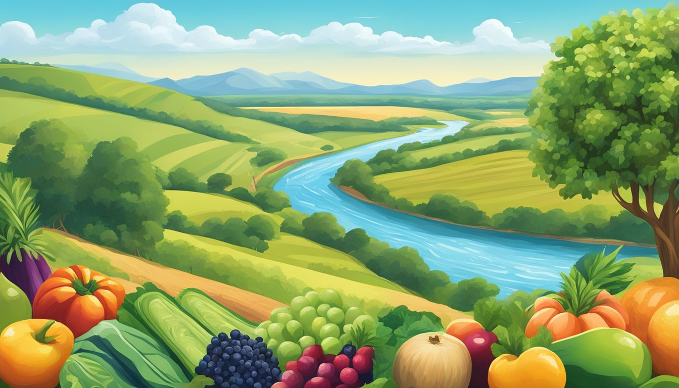 A vibrant Texas landscape with a clear blue sky, rolling hills, and a flowing river, surrounded by fresh fruits and vegetables, and a water bottle