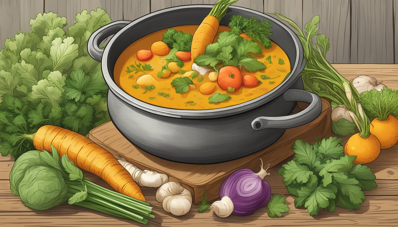 A steaming pot of root veggie turmeric soup surrounded by fresh vegetables and herbs on a rustic wooden table