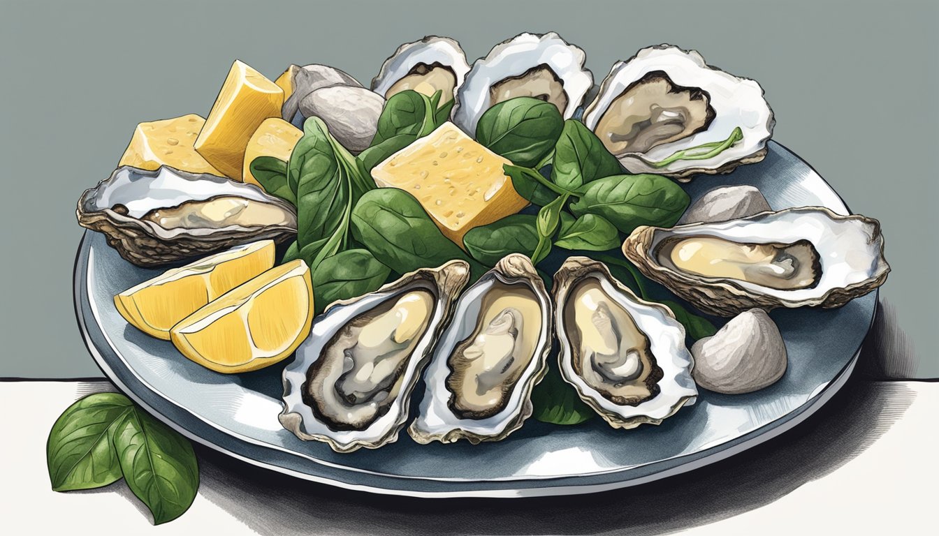 A plate of oysters surrounded by other testosterone-boosting foods like spinach, almonds, and bananas