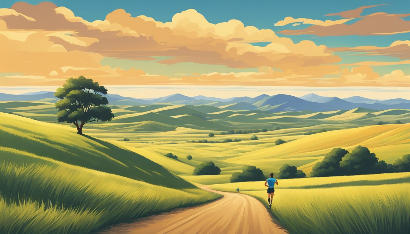 A lone runner on a vast, open Texas landscape, with rolling hills and a big, bright sky, representing mental and emotional wellness through staying active