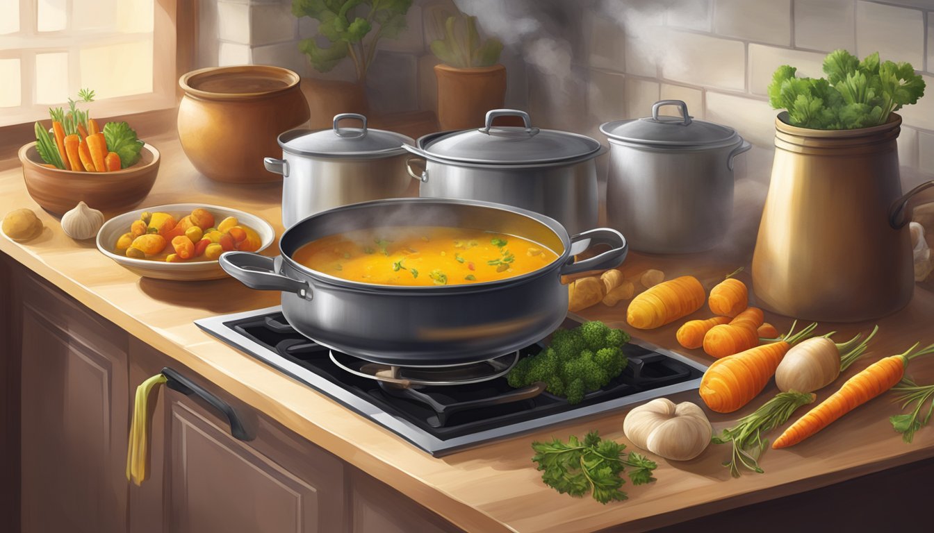 A pot simmers on a stove, filled with chopped root vegetables and fragrant turmeric. Steam rises as the hearty soup cooks, filling the kitchen with the aroma of health and flavor