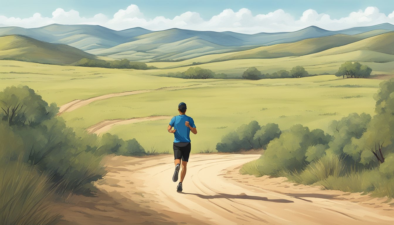 A lone lone figure jogging along a dusty trail in the Texas heat, surrounded by rolling hills and a big open sky